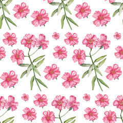 Watercolor seamless pattern. Beautiful pink flower. Leaves and inflorescences. Blank for postcards. background print fabric