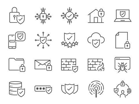 Security line icons. Included icons as cyber lock, password, unlock, guard, shield, home security system, firewall and more.
