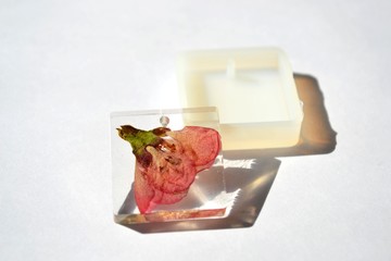 Dried flower in epoxy resin block. White silicone mold isolated on white background. Handmade...