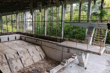 abandoned public pool in the town of Pripyat near Chernobyl