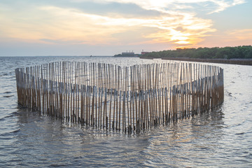 bamboo fence align with hearth symbol with sunset or evening time at sea or ocean. at Bang poo, Samutprakan, Thailand.