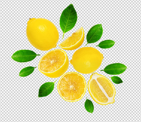 Minimal style creative layout made of lemon and leaves , half of lemon , slide, piece. flat lay....