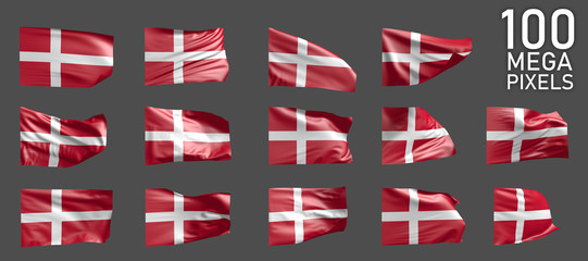 Denmark flag isolated - various images of the waving flag on grey background - object 3D illustration