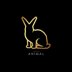 Contour golden logo, rabbit side view, with your head turned straight. On a black background. For printing on clothes, symbol of organization. For your design.