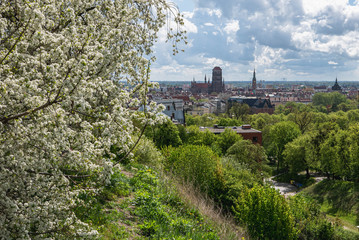 Panoramic view from Gradowa Gora on old town in Gdansk with cathedral on center.