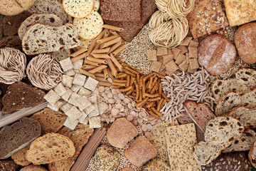 High fibre food for good health with pasta, bread, grains and cereals containing smart carbs,...