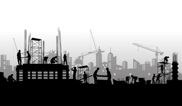 Construction vector background, Worker in a building site at sunset.	