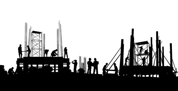 Construction vector background, Worker in a building site at sunset.	