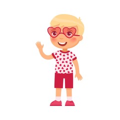 Little boy in heart shaped glasses flat vector illustration. Smiling child character waving hello. February 14 holiday isolated design element. Valentines Day. Kid in festive pink sunglasses
