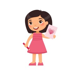 Little girl holding handmade greeting card flat vector illustration. Valentines Day. Smiling child character with greeting card. February 14 holiday isolated design element. Kid showing drawing