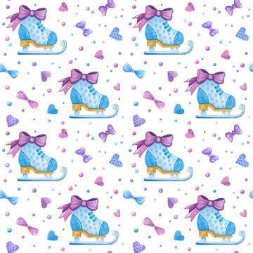 Ice skating shoes hand drawn seamless pattern. Girlish skates, hearts and bows color drawing. Cartoon glamor items texture. Childish creative textile, wallpaper, wrapping paper design