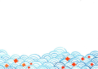 Abstract traditional orange color fish with ocean wave watercolor hand painting frame background.