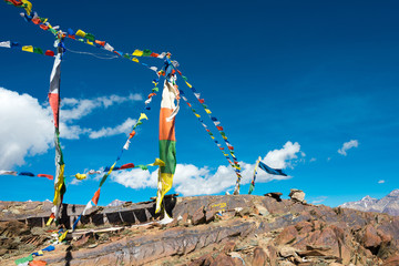 Himachal Pradesh, India - Sep 03 2019 - Tibetan Prayer Flag at Kunzum Pass (Kunzum La) - Chandra...