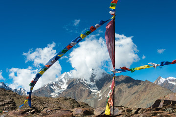 Himachal Pradesh, India - Sep 03 2019 - Tibetan Prayer Flag at Kunzum Pass (Kunzum La) - Chandra...