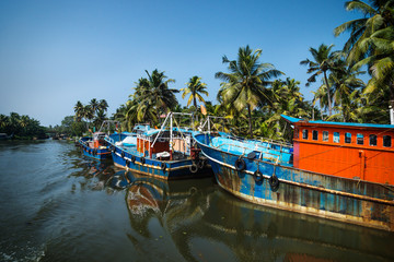 Obraz premium Row of ocean fishing boats from the back along the canal Kerala backwaters shore with palm trees between Alappuzha and Kollam, India