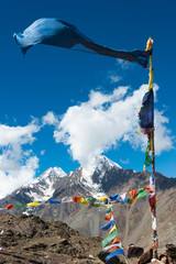 Himachal Pradesh, India - Sep 03 2019 - Tibetan Prayer Flag at Kunzum Pass (Kunzum La) - Chandra Taal (Moon Lake) Trekking course in Lahaul and Spiti, Himachal Pradesh, India.