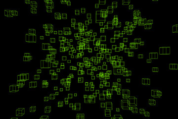 Abstract digital technology background of big green color 3d box on the black or dark gradient color.