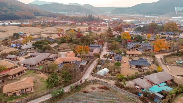 Autumn scene of traditional Korean village photographed by drone