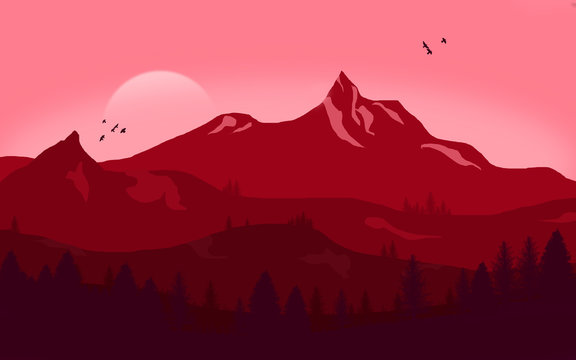 Red Mountain Landscape At Sunset - Illustration