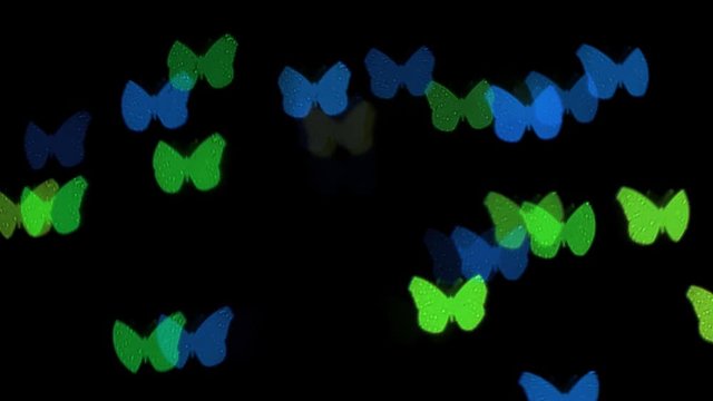 Beautiful butterfly shape bokeh from flashing LED lights, summer, spring, holiday background concept, copyspace