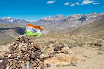 Himachal Pradesh, India - Sep 03 2019 - Indian Flag at Kunzum Pass (Kunzum La) - Chandra Taal (Moon...