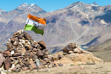 Himachal Pradesh, India - Sep 03 2019 - Indian Flag at Kunzum Pass (Kunzum La) - Chandra Taal (Moon...