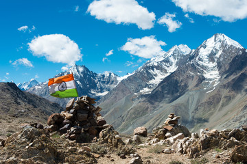 Himachal Pradesh, India - Sep 03 2019 - Indian Flag at Kunzum Pass (Kunzum La) - Chandra Taal (Moon Lake) Trekking course in Lahaul and Spiti, Himachal Pradesh, India.
