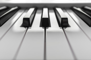 Close up detail on the black and white keys of a music keyboard, with copy space for text