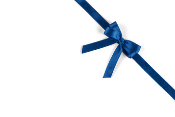 Shiny blue silk ribbon isolated on white background. Festive concept. Flat lay.