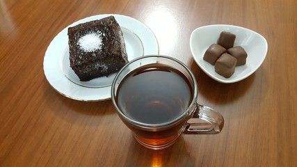 chocolate cake on wooden table