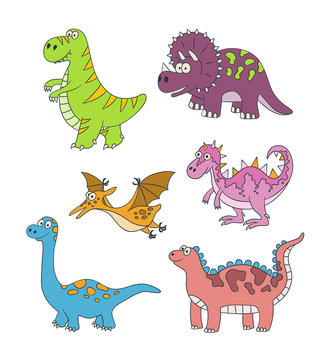 Dinosaurs. Set of vector illustration in doodle and cartoon style on white background. Hand drawn. Linear. Color