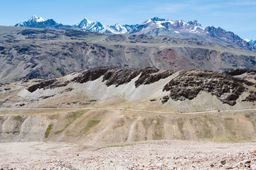 Himachal Pradesh, India - Sep 03 2019 - Beautiful scenic view of  Kunzum Pass (Kunzum La) - Chandra Taal (Moon Lake) Trekking course in Lahaul and Spiti, Himachal Pradesh, India.