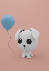 Cute White Dog Alone & Blue Balloon On  Pastel Background , Lovely Cartoon Toy for Kid with copy space. minimal idea creative concept 