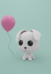 Cute White Dog Alone & Pink Balloon On Blue Pastel Background , Lovely Cartoon Toy for Kid with copy space. minimal idea creative concept 