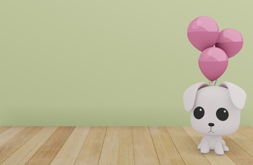 Cute White Puppy With Pink Balloon On Wood Floor & Green  Pastel Background, Lovely Toy for Kid with copy space for minimal idea creative concept, 3D Illustration.