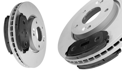 Brake discs and brake pads isolated on white background. Auto parts. Brake disc rotor isolated on...