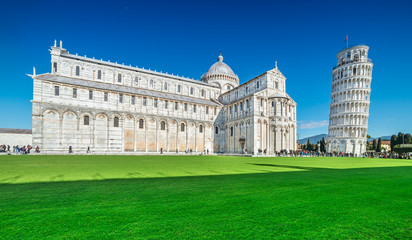 View of the Leaning Tower and the Cathedral of Pisa (Campo dei Miracoli), Tuscany, Italy