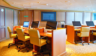 Computer terminals for Internet connections aboard luxury cruise ship ocean liner