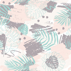 Fototapeta na wymiar Vector seamless pattern with abstract design. Spots of paint and tropical monstera leaves and dypsis in beige and blue colors