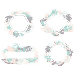 Set of 4 frames in abstract design with spots of paint and tropical monstera leaves and dypsis in a pastel palette