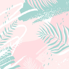 Fototapeta na wymiar Abstract design with spots of paint and tropical monstera leaves and dypsis in pink and blue colors. Vector illustration.
