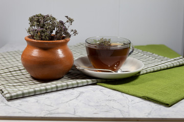 A cup of tea with a floating oregano flower stands on a white saucer, on which lies a silver spoon....