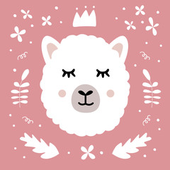 Cute alpaca face on pink background with doodle elements and flowers. Hand drawn cartoon vector animal character in minimal flat style. Cards, t-shirt print, stickers design. Stock vector illustration