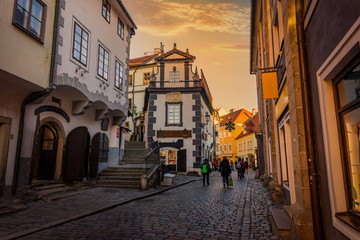 Street in the historical center of Cesky Krumlov on sunset. Czech republic.