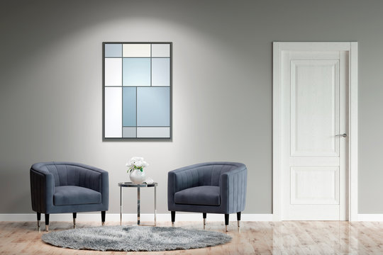Modern interior with two armchairs, a coffee table, a picture on a gray wall, carpet on the parquet floor and a door. Front view. 3d illustration