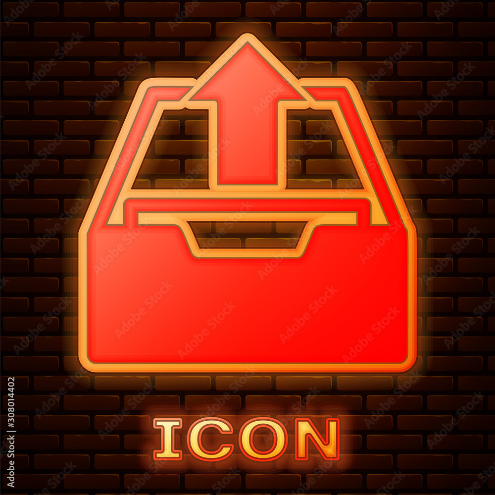 Poster glowing neon upload inbox icon isolated on brick wall background. extract files from archive. vector