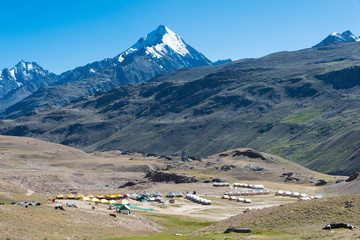 Himachal Pradesh, India - Sep 03 2019 - Tourist Camp of Chandra Taal (Moon Lake) in Lahaul and Spiti, Himachal Pradesh, India.