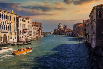 Scenic panoramic view of Grand Canal in sunset. Venice, Italy.