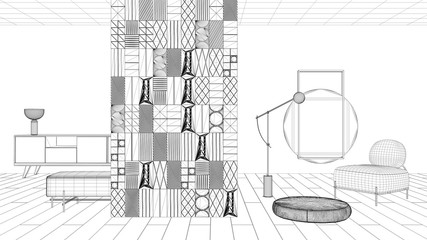 Blueprint project draft, modern minimalist abstract living room with decorated wooden partition wall, parquet floor, velvet armchair with floor lamp, pouf, dresser, mirror