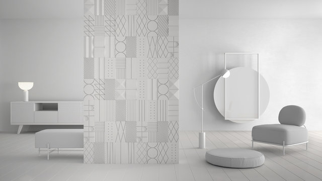 Total white project draft, modern minimalist abstract living room with decorated wooden partition wall, parquet floor, velvet armchair with floor lamp, pouf, dresser, mirror